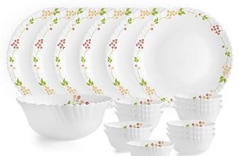 Cello Opalware Dazzle Series Secret Garden Dinner Set, 19 Units | Opal Glass Dinner Set For 6 | Light-Weight, Daily Use Crockery Set For Dining | White Plate And Bowl Set