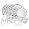 Larah By Borosil Silk Series Blue Iris Opalware Dinner Set With Vision Glass | 35Pcs For Family Of 6 | Microwave & Dishwasher Safe | Bone-Ash Free | Crockery For Dining & Gifting | White, Plate & Bowl