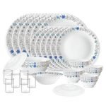 Larah By Borosil Silk Series Blue Iris Opalware Dinner Set With Vision Glass | 35Pcs For Family Of 6 | Microwave & Dishwasher Safe | Bone-Ash Free | Crockery For Dining & Gifting | White, Plate & Bowl