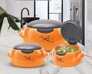 Milton Microwow One Touch Insulated Inner Steel Casserole Jr Set Of 3, Orange