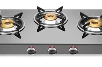 Sujata Standard Gas Stove 3 Burners | 9 Years Warranty | 3 Burner Gas Stove Glass Top, Stove 3 Burner, ISI Certified, SABAF Valve with LPG & PNG Compatible, 360° Nozzle, 8mm Thick Glass (Black)