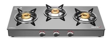 Sujata Standard Gas Stove 3 Burners | 9 Years Warranty | 3 Burner Gas Stove Glass Top, Stove 3 Burner, ISI Certified, SABAF Valve with LPG & PNG Compatible, 360° Nozzle, 8mm Thick Glass (Black)