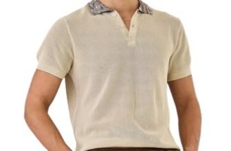 SNITCH Men Polo T-Shirt | Textured Knit Fabric & Stylish Patterned Collar | 100% Cotton Material, Buttoned Placket, Drop Shoulder Design | Casual Wear | Beige