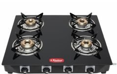 Khaitan Tempered Glass 4 Burner Premium Black Toughened Lpg Gas Cooktop, Manual Ignition Stove With 1 Year Warranty (Isi Approved, Burner)