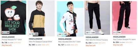 Myntra Loot : Upto 90% Off On Highlander Men Clothing.Shirts from 143 : Tshirts from 139 :  Trousers from 234 : Jeans from 241 : Shorts : Winterwear : Co-Ords :