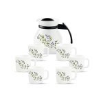 La Opala Novo Collection Opal Glass Crockery | Coffee Set 7 Pcs | Coffee Mug With Coffee Pot, Lush Greens | For Tea & Coffee | Microwave Safe | 100% Vegetarian | Extra Strong | Light & White