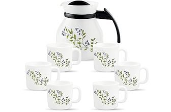 La Opala Novo Collection Opal Glass Crockery | Coffee Set 7 Pcs | Coffee Mug With Coffee Pot, Lush Greens | For Tea & Coffee | Microwave Safe | 100% Vegetarian | Extra Strong | Light & White