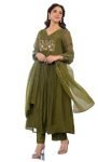 Nermosa Women Embroidery Solid Anarkali Kurta and Pant Set with Dupatta (in, Alpha, M, Green)