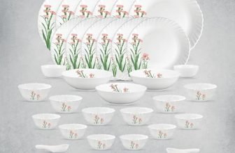La Opala Opal Glass Crockery | For Family Of 6 | Dinner Set 35 Pcs Pink Florets | Plates & Bowls For Dining | Microwave Safe | 100% Vegetarian | Extra Strong | Extra Light & White