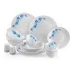 Cello Blue Swirl Dazzle Series Opalware Dinner Set Of 23 Pieces For Family Of 6 | Bone-Ash Free & Leadfree Opal Glass, Microwave & Dishwasher Safe, Plates & Bowls Crockery Set For Dining & Gifting