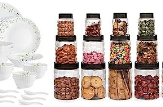 Cello Tropical Lagoon Dazzle Series Opalware Dinner Set, 35 Pieces, Service For 6, White, Extra Large & Cello Checkers Plastic Pet Canister Set, 18 Pieces, Clear