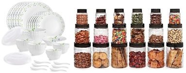 Cello Tropical Lagoon Dazzle Series Opalware Dinner Set, 35 Pieces, Service For 6, White, Extra Large & Cello Checkers Plastic Pet Canister Set, 18 Pieces, Clear