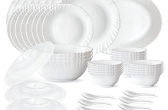 Larah By Borosil Plain White Silk Series Opalware Dinner Set | 47 Pieces For Family Of 8 | Microwave & Dishwasher Safe | Bone-Ash Free | Crockery Set For Dining & Gifting | Plates & Bowls | Snow
