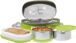 Milton Executive Lunch Box, 2 Round Inner Steel Round Containers 280Ml Each And 1 Microwave Safe Oval Plastic Container 450Ml With Insulated Bag, Office Tiffin For Leak-Proof, Easy To Carry, Green