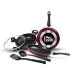 Milton Pro Cook Kitchen Pride Non-Stick Cookware Set Of 5 | Includes Nonstick Tawa, Frying Pan, Kadhai With Lid, Nylon Laddle & Spatula | Non-Induction Base | Peach Color