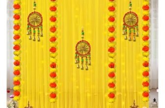 Shimmers Festive Decoration Kit Set Of 12 | Marigold Garlands, Dream Catcher Wall Hangings, Yellow Curtains & Hooks | Traditional Backdrop Decor For Diwali, Pooja, Housewarming & Home Celebration