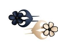 Floral Hair Stick Pins, Navy Blue And Beige, Flower Design, Set Of 2, Hair Accessories