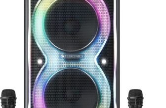 ZEBRONICS Party Fyre 102,9hrs Playback, Dual Mics, Karaoke, TWS, BT v5.0, USB, AUX, RGB 200 W Bluetooth Party Speaker(Black, Mono Channel)