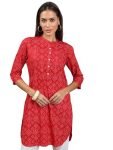 Vishudh Women Mandarin Collar 3/4 Sleeve Tunic Vntn000592 Red M