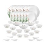 La Opala Opal Glass Crockery | for Family of 6 | Dinner Set 35 pcs Pink Florets | Plates & Bowls for Dining | Microwave Safe | 100% Vegetarian | Extra Strong | Extra Light & White