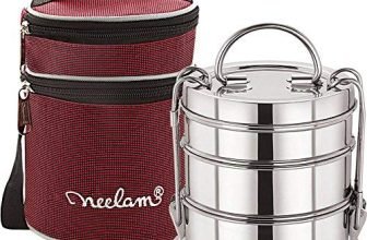 neelam Stainless Steel Lunch Box/Tiffin with Bag, 3-Tier Container, 1100 ml, Hot & Cold Leak-Proof, Compact & Durable, Perfect for Office, School, Picnic and Travel, Silver