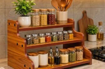 Wixidoor 3-Tier Spice Rack, 13.8 Inch Wood Step Shelf Countertop Spice Storage Holder, Kitchen Pantry Cabinet Organizer Cupboard for Spice Bottles, Jars, Seasonings, Baking Supplies,