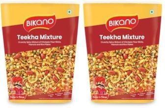 Bikano Teekha Mixture | Spicy Indian Namkeen Snack | Crunchy Mix with Peanuts, Corn Flakes & Spices | Perfect Tea-Time Snack (Spicy Mixture) – 800g (Pack of 2)
