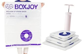BOXJOY 1 JUMBO 2 LARGE 2 MEDIUM Transparent Vacuum Storage Bags for Travelling | Packing Winter Clothes Blanket Pillows Cloth | Space Saver Vaccine Compression Bag with Travel Vaccum Pump | Pack of 5