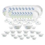 La Opala Diva Classique Collection Opal Glass Crockery | for Family of 8 | Dinner Set 53 pcs Blue Daisy | Plates, Bowls & Cups for Dining | Microwave Safe | 100% Vegetarian | Extra Strong | White