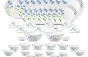 La Opala Diva Classique Collection Opal Glass Crockery | for Family of 8 | Dinner Set 53 pcs Blue Daisy | Plates, Bowls & Cups for Dining | Microwave Safe | 100% Vegetarian | Extra Strong | White