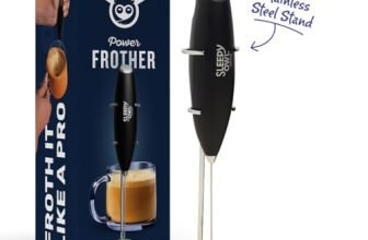 Sleepy Owl Powerful Milk Frother for Coffee | Black Color | Battery Operated Electric Frother | Stainless Steel Whisk with Frother Stand | Best for Coffee, Lattes, Milk, Hot Chocolates