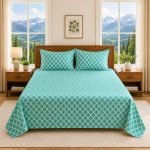 Linen and Loom Teal Geometric Queen Size Bedsheet with 2 Pillow Covers | Soft, Breathable & Bedding Set | Modern Diamond Pattern Room Decor (90 x 100 Inches)