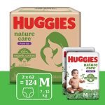 Huggies Nature Care Pants, Medium Size (7-12 Kg) Premium Baby Diaper Pants, Monthly Pack 124 Count, Made With 100% Organic Cotton (62 Count, Pack Of 2)