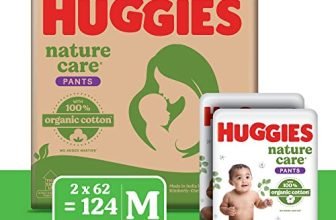 Huggies Nature Care Pants, Medium Size (7-12 Kg) Premium Baby Diaper Pants, Monthly Pack 124 Count, Made With 100% Organic Cotton (62 Count, Pack Of 2)