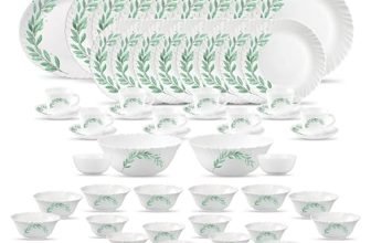 La Opala Diva Classique Collection Opal Glass Crockery | for Family of 8 | Dinner Set 53 pcs Olive Trails | Plates, Bowls & Cups for Dining | Microwave Safe | 100% Vegetarian | Extra Strong | White