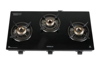 Havells GEOSLIM Gas stove |3 Heavy Duty Forged Brass Burner|6 mm Toughened Glass|Premium Valves|Removable Drip Tray|Soft Touch Knobs|5 year Warranty on Burners, Glass & Valves by Havells (Black)
