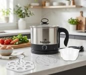 Freshome Electric Multipurpose Kettle 1.2L, 600W, With Stainless Steel Body, Egg Rack, Grill Rack, 3 Heating Modes & Rapid Boil Technology, Boiling Water, Tea, Coffee, Oats, Noodle, Soup (Silver)