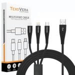 TexoVera 1.2M 3-in-1 Braided Charging Cable Micro USB iPhone Type-C Black (Not for Data Transfer)
