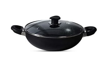 Bergner Essential Plus 5 Layer Marble Non Stick Kadai/Kadhai with Glass Lid, 26 cm, 4.5 litres, Induction Base, Food Safe (PFOA Free), Thickness 2.8mm, Black