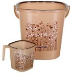 Square Ring Funk Bucket and Mug Set (1pcs Set) | 18 LTR Bucket + 1.5Ltr Mug | Bathroom Set| Strong Sturdy and Durable | Ideal for Daily Use| Bucket and Mug with Stool | Brown
