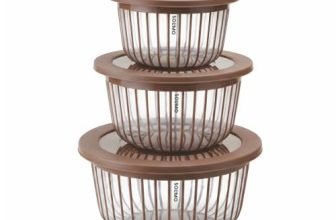 Amazon Brand – Solimo Better Home Linea Transparent Plastic Storage Bowls Food Grade Set of 3 (1.3L, 2.3L, 3.8L) | BPA-Free, Stackable Kitchen Containers with Lids, Brown