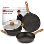 Bergner Ivory Black Granite Non-Stick 4 Pcs Cookware Set – 24cm (2.5L) Kadai with Glass Lid, 24cm Frypan, 28cm Dosa Tawa, Forged Aluminium, Soft Touch Handle, PFOA Free, Induction and Gas Stove Ready