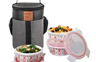 CELLO Red Trellis Opalware Lunch Box with Jacket, 3 Containers Lunch Box, 300ml