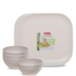 Decor EcoLite Bamboo Non Toxic Eco-Friendly Reusable 4 Small Plates and 4 Bowls Dinner Set for Couples (Natural White) – 8 Pieces