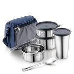 Pigeon Vibe Stainless Steel Lunch Carrier Set of 3 Containers (250ml, 350ml & 500ml) with Leak Proof Lid | Insulated Lunch Bag + Glass with Lid Included | Office & School Tiffin Box