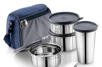 Pigeon Vibe Stainless Steel Lunch Carrier Set of 3 Containers (250ml, 350ml & 500ml) with Leak Proof Lid | Insulated Lunch Bag + Glass with Lid Included | Office & School Tiffin Box