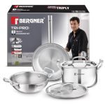 Bergner TriPro 5 Pcs Triply Stainless Steel Cookware Set – 24cm (3L) Kadai with Lid, 20cm (3.4L) Casserole/Biryani Pot with Lid, 22cm (1.5L) Frypan, Less Oil Use, Healthy Cooking – Induction Bottom