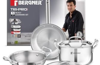 Bergner TriPro 5 Pcs Triply Stainless Steel Cookware Set – 24cm (3L) Kadai with Lid, 20cm (3.4L) Casserole/Biryani Pot with Lid, 22cm (1.5L) Frypan, Less Oil Use, Healthy Cooking – Induction Bottom