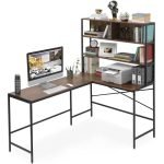 ABOUT SPACE 3 Tier L-Shaped Unique Computer Table with Desktop, Hutch Tower Storage Display Modern Shelf for PC, Laptop, Study & Writing Open Bookshelf [Brown – L 151.7 x B 113.5 x H 157 cm]