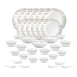 La Opala Opal Glass Crockery | For Family Of 6 | Dinner Set 35 Pcs Spring Meadows | Plates & Bowls For Dining | Microwave Safe | 100% Vegetarian | Extra Strong | Extra Light & White